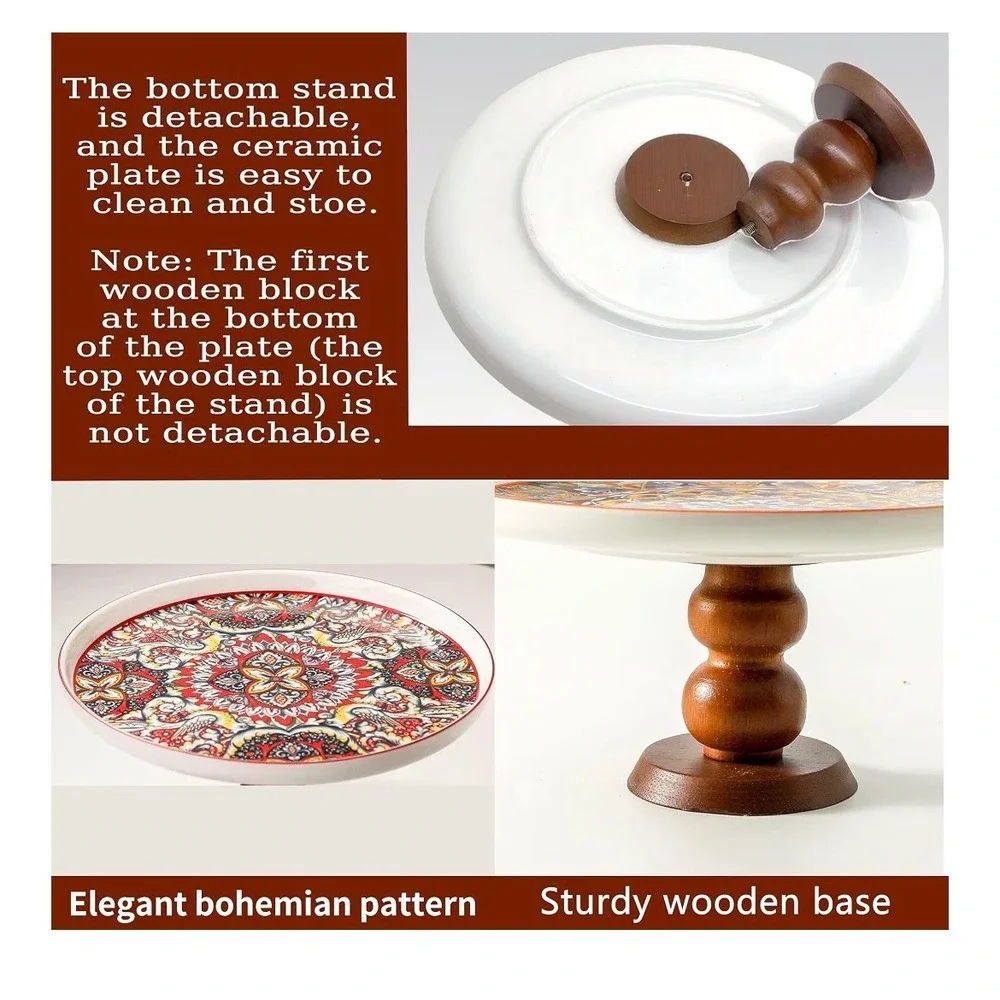 Bohemian Ceramic Cake Stand Mandala Pattern Wooden Pedestal Base Detachable